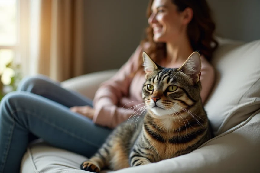Chat adulte assis paisiblement sur un canapé à côté d'une femme souriante dans un intérieur cosy