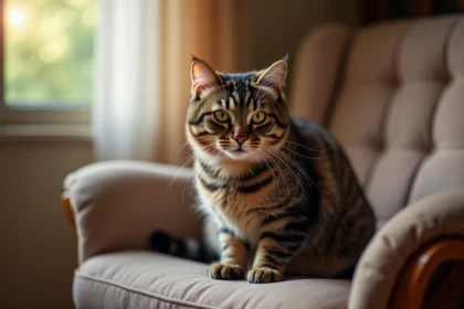 Chat adulte tabby assis confortablement sur un fauteuil, regard doux et calme