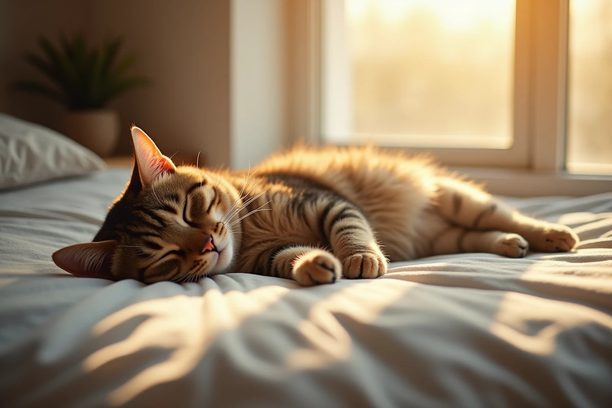 Chat adulte dormant paisiblement dans un rayon de soleil sur un lit