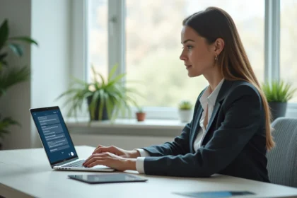 Femme professionnelle utilisant un chatbot sur son ordinateur portable au bureau pour la relation client en ligne