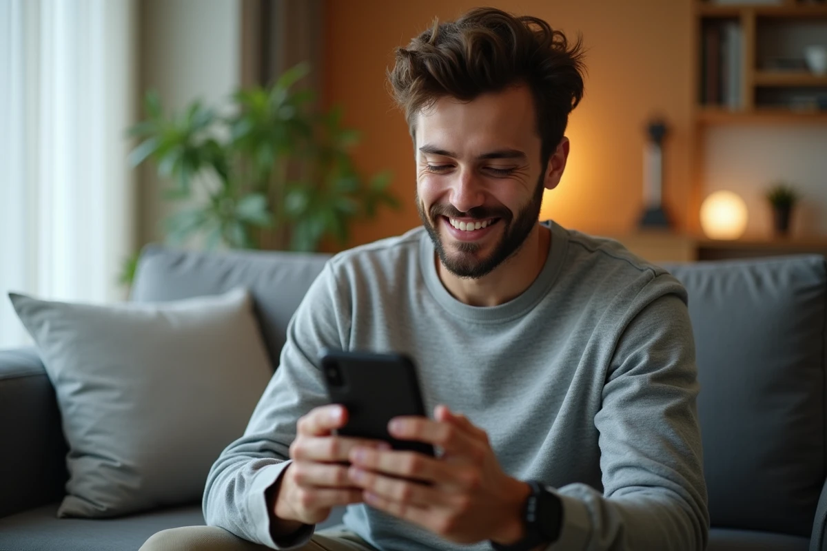 Jeune homme interagissant avec un chatbot sur smartphone pour son service client en ligne à domicile