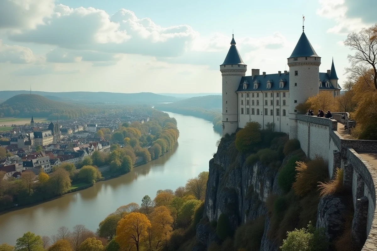 Le Château d'Amboise dominant la Loire depuis son éperon rocheux, avec la ville et le fleuve visibles en contrebas