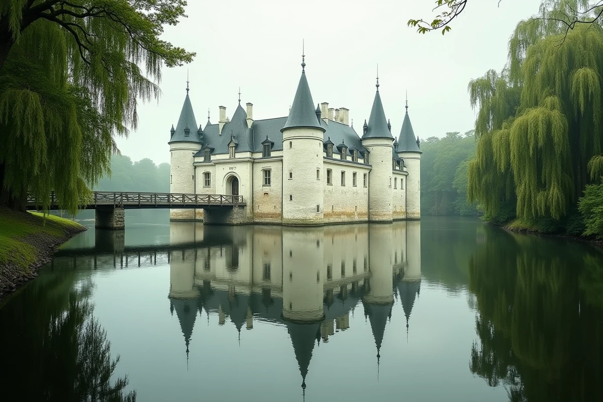 Le Château d'Azay-le-Rideau et son reflet symétrique dans les eaux calmes de l'Indre, encadré par les arbres environnants