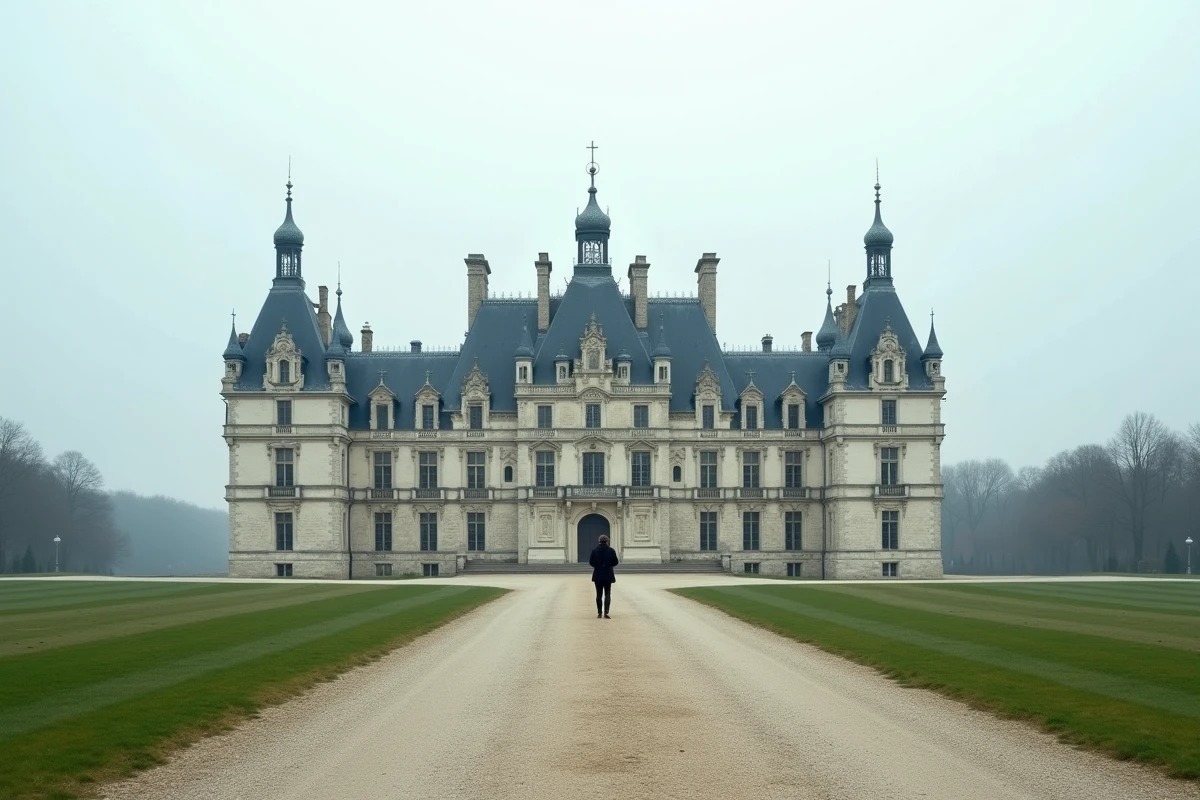Vue frontale du Château de Chambord depuis l'allée principale, soulignant sa silhouette Renaissance monumentale et ses toits complexes