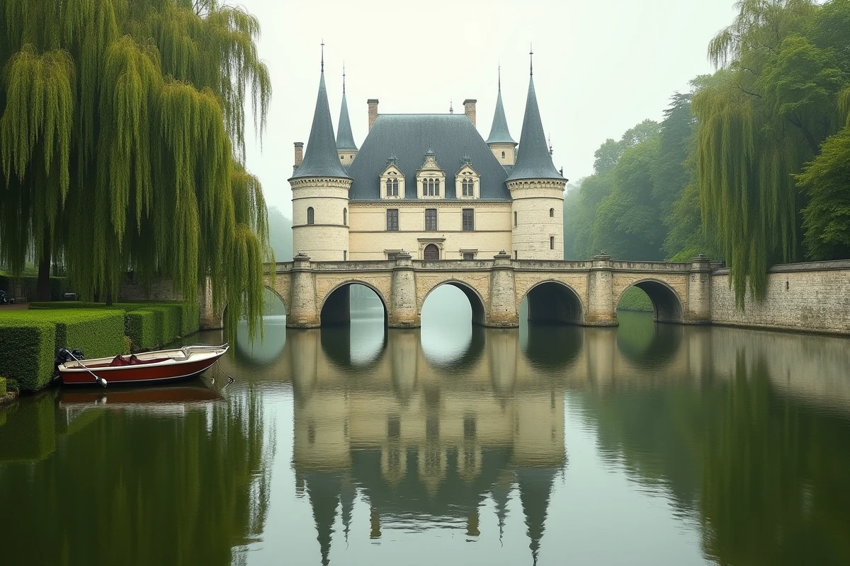 Le Château de Chenonceau enjambant le Cher avec son reflet parfait dans l'eau calme de la rivière
