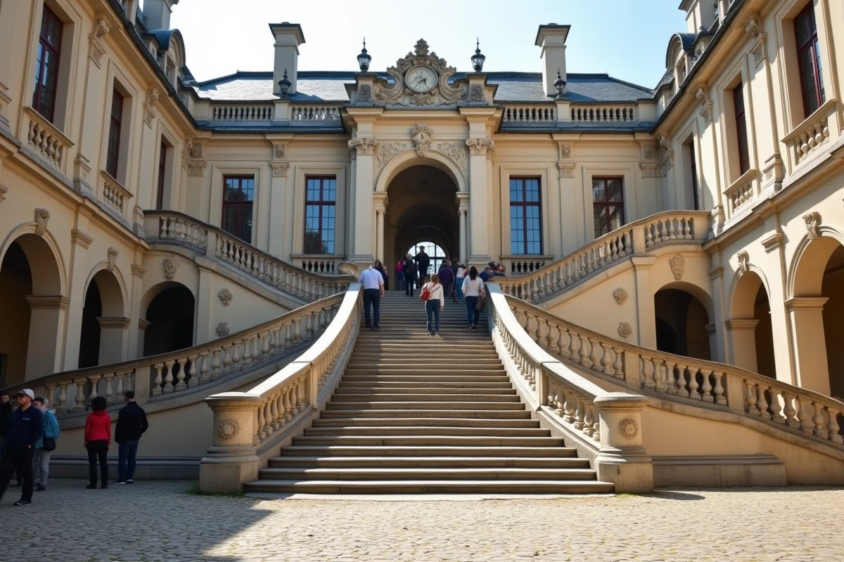 L'escalier en fer à cheval du Château de Fontainebleau dans la Cour du Cheval Blanc, avec ses balustrades en pierre ornées