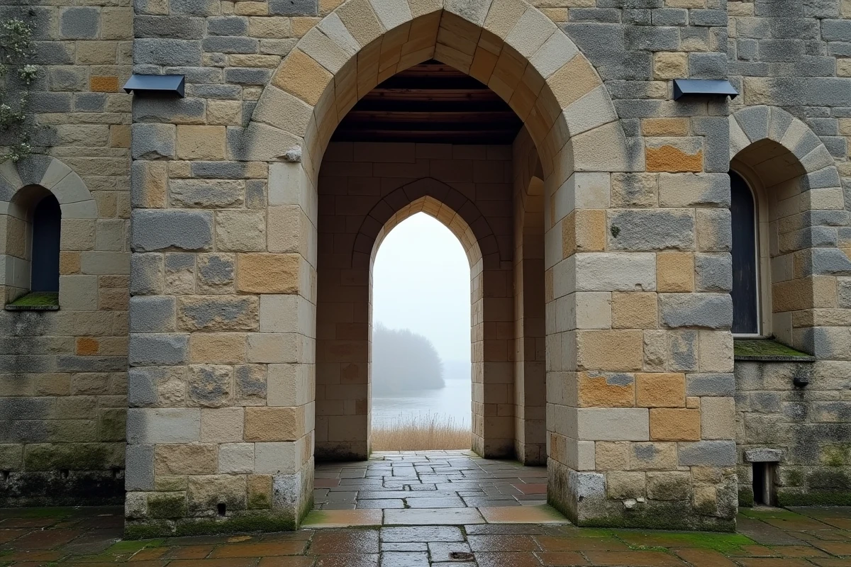 Façade médiévale du Château de Montsoreau avec une œuvre d'art contemporain visible à travers une fenêtre gothique ouverte