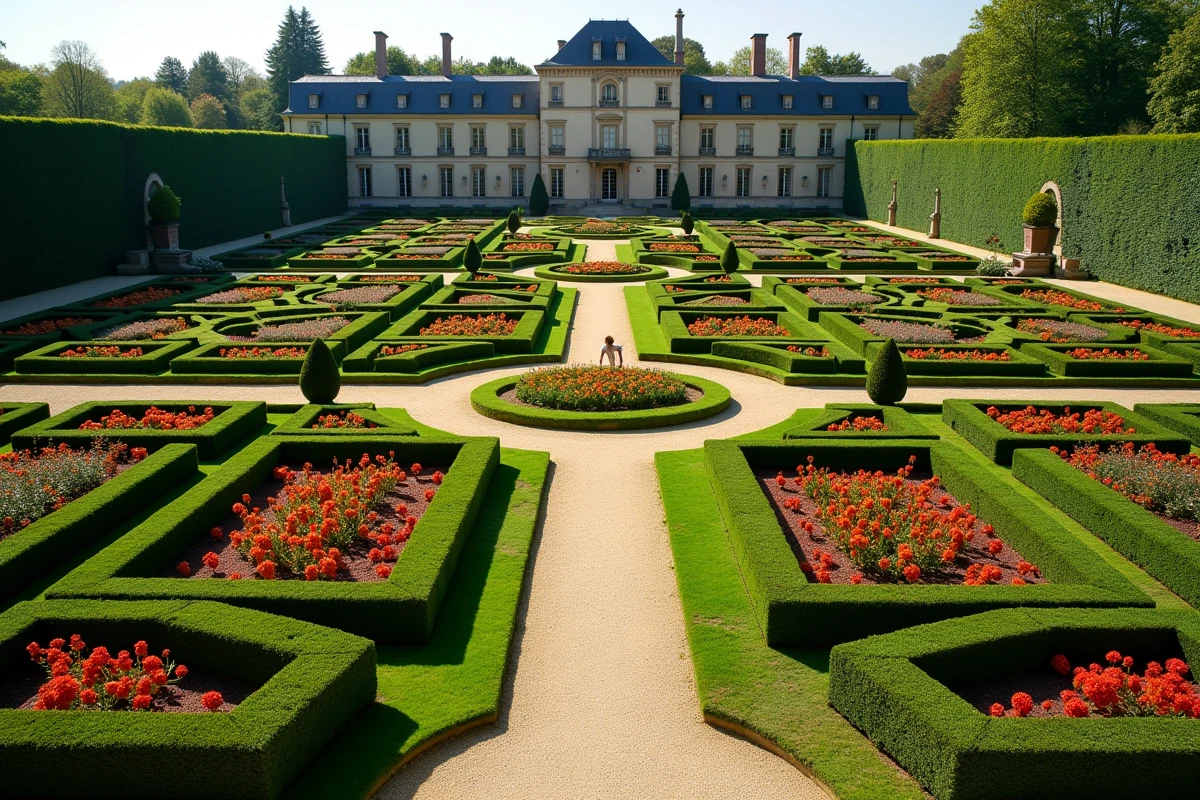 Les jardins Renaissance géométriques du Château de Villandry vus en plongée depuis la terrasse supérieure