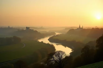 Vue panoramique de la vallée de la Loire avec les silhouettes de plusieurs châteaux Renaissance au bord du fleuve
