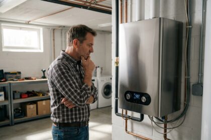 Propriétaire inspectant un chauffe-eau thermodynamique moderne installé dans une buanderie résidentielle
