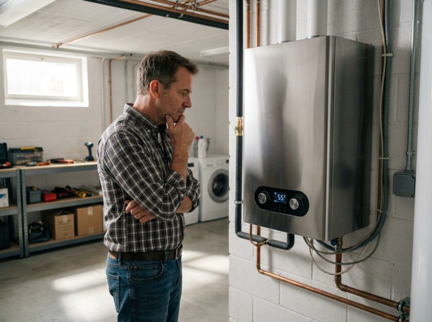 Propriétaire inspectant un chauffe-eau thermodynamique moderne installé dans une buanderie résidentielle