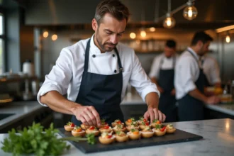 Chef du Cercle traiteur parisien dressant des canapés gastronomiques sur un plateau en ardoise dans une cuisine moderne