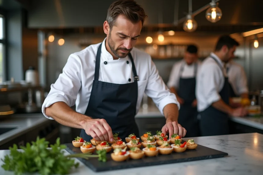 Chef du Cercle traiteur parisien dressant des canapés gastronomiques sur un plateau en ardoise dans une cuisine moderne