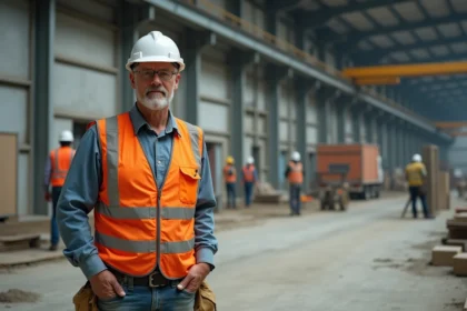 Chef de chantier supervisant la rénovation d'un entrepôt industriel en activité avec séparation de zones de travaux