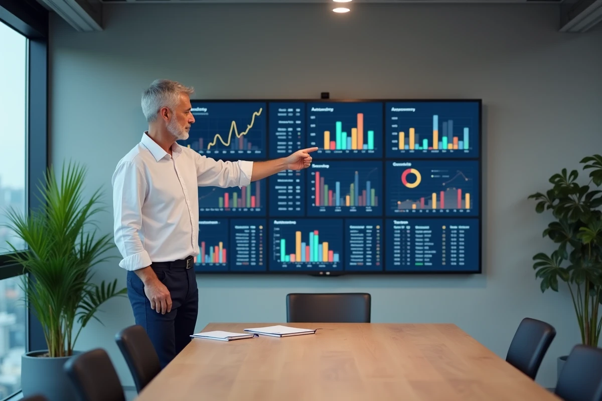 Chef d'entreprise présentant un tableau de bord comptable structuré lors d'une réunion de direction en PME