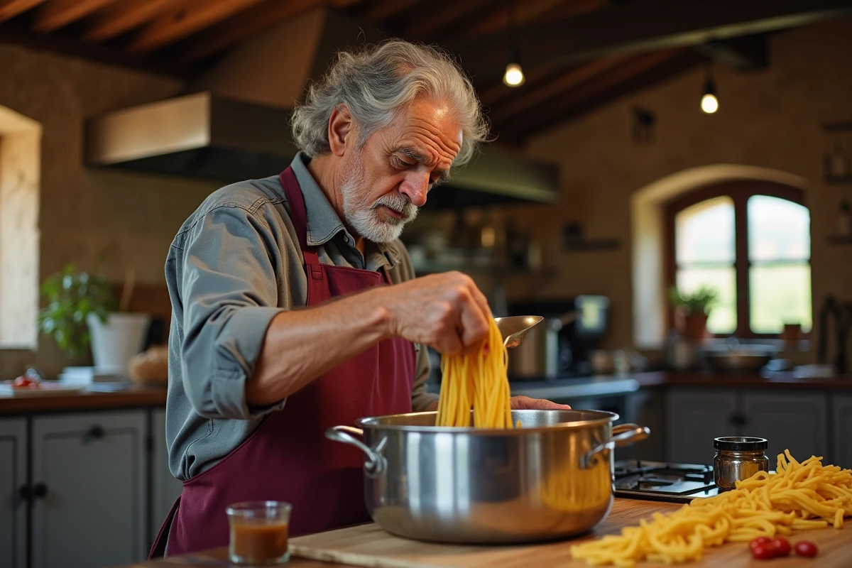 cuisinier italien préparant l'eau de cuisson pour les pâtes carbonara dans cuisine toscane traditionnelle