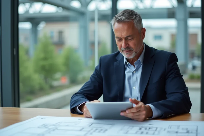 Chef de projet en blazer regardant des plans dans un bureau moderne