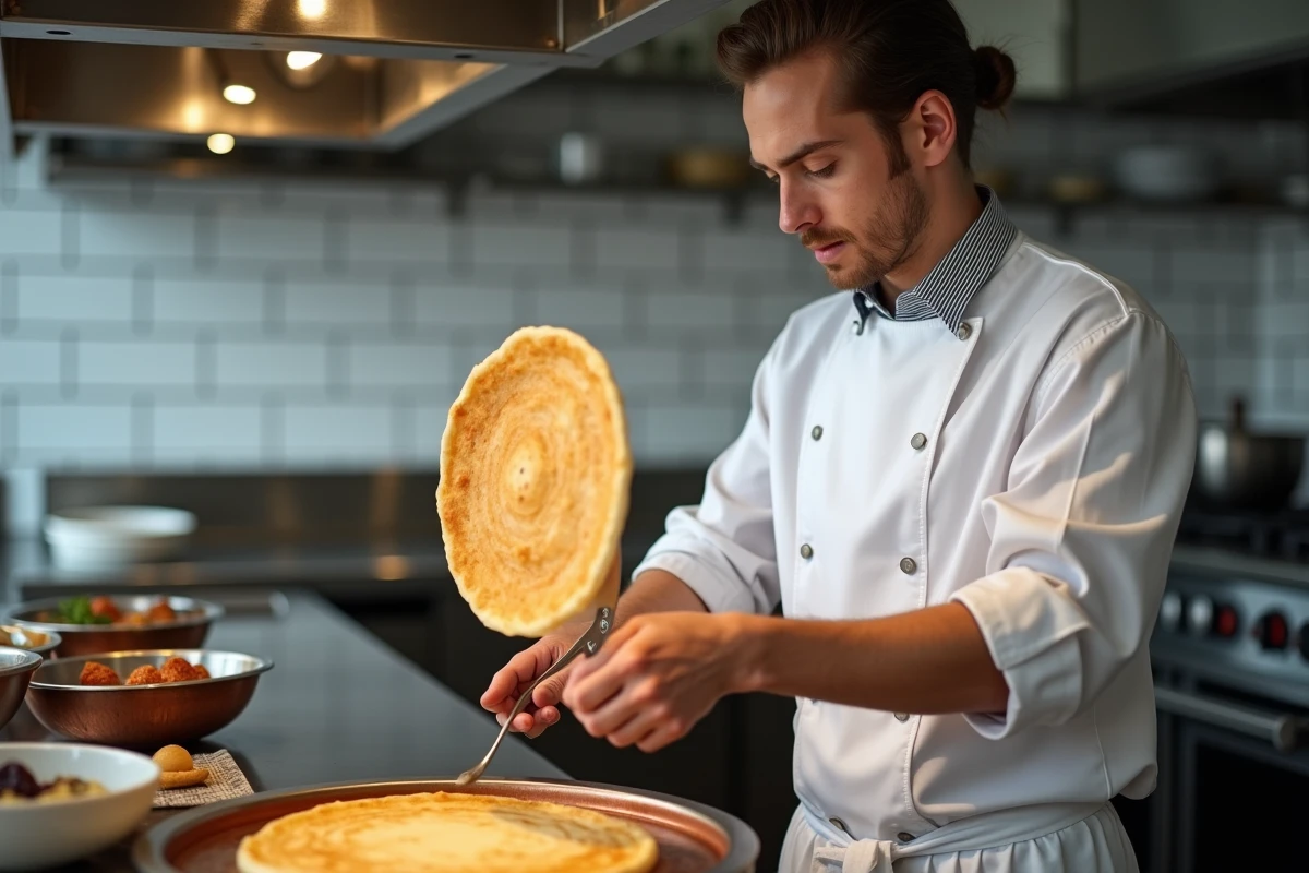 Chef retournant une crêpe bretonne en l'air avec un coup de poignet professionnel dans une cuisine commerciale