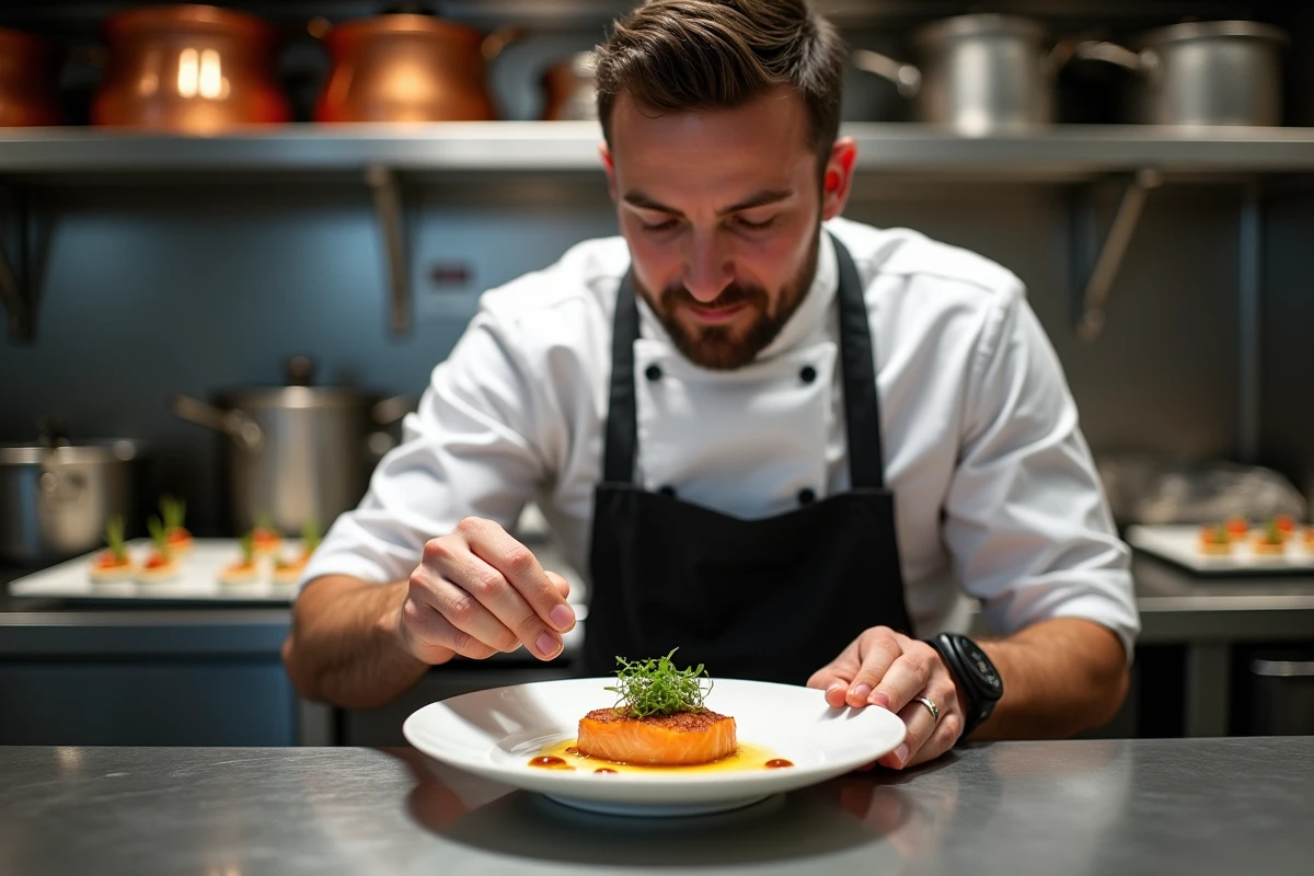 Chef cuisinier professionnel préparant des plats gastronomiques pour un service traiteur BtoB à Paris