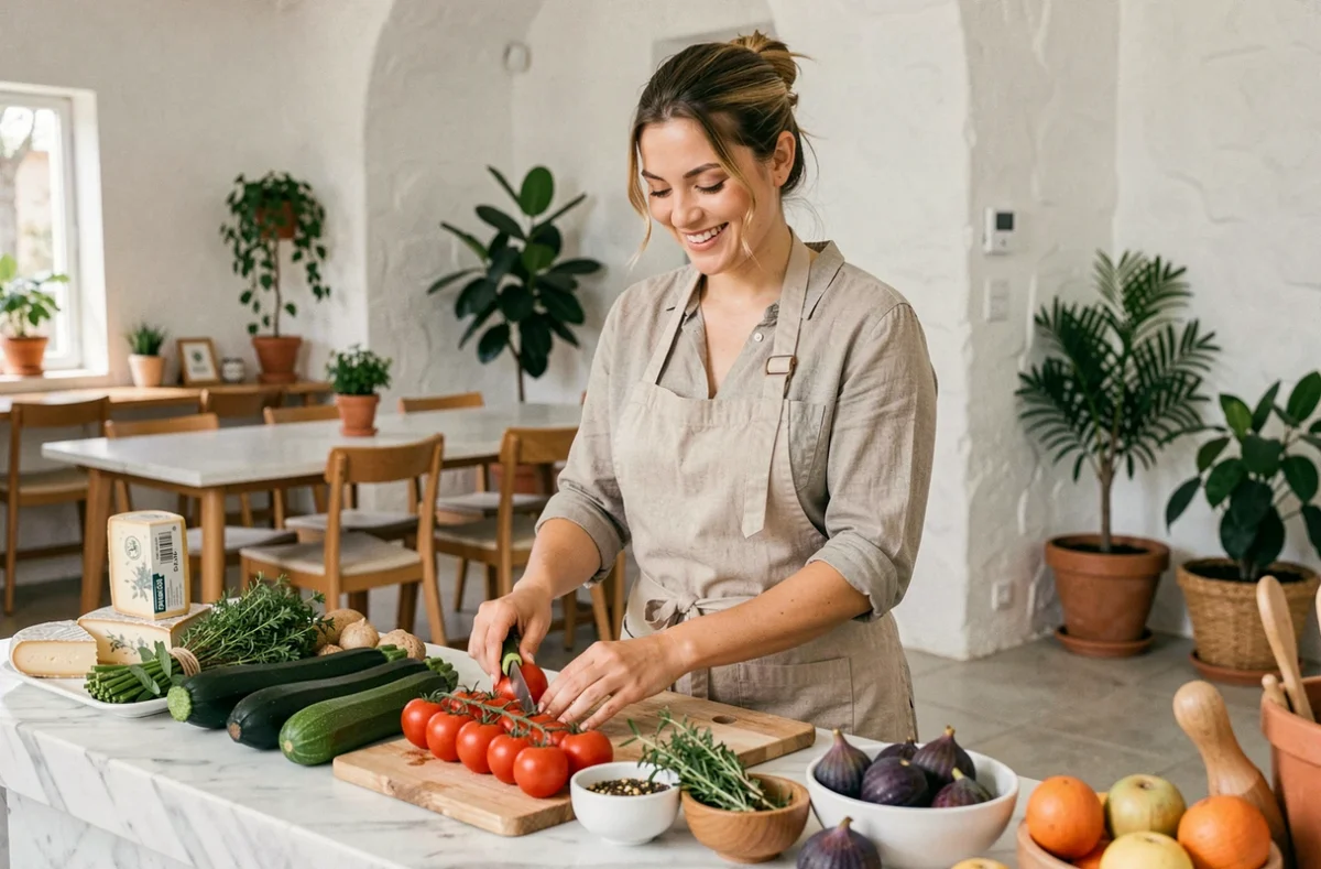 Cheffe cuisinière arrangeant des produits locaux frais dans un restaurant healthy à la cuisine ouverte en Haute-Corse