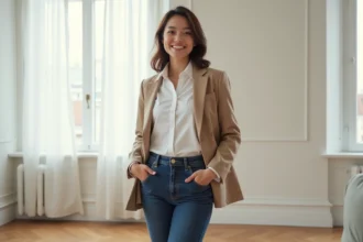 Femme portant un style basique chic avec chemise blanche, jean navy et blazer lin pour look épuré et tendance