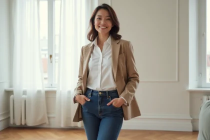 Femme portant un style basique chic avec chemise blanche, jean navy et blazer lin pour look épuré et tendance