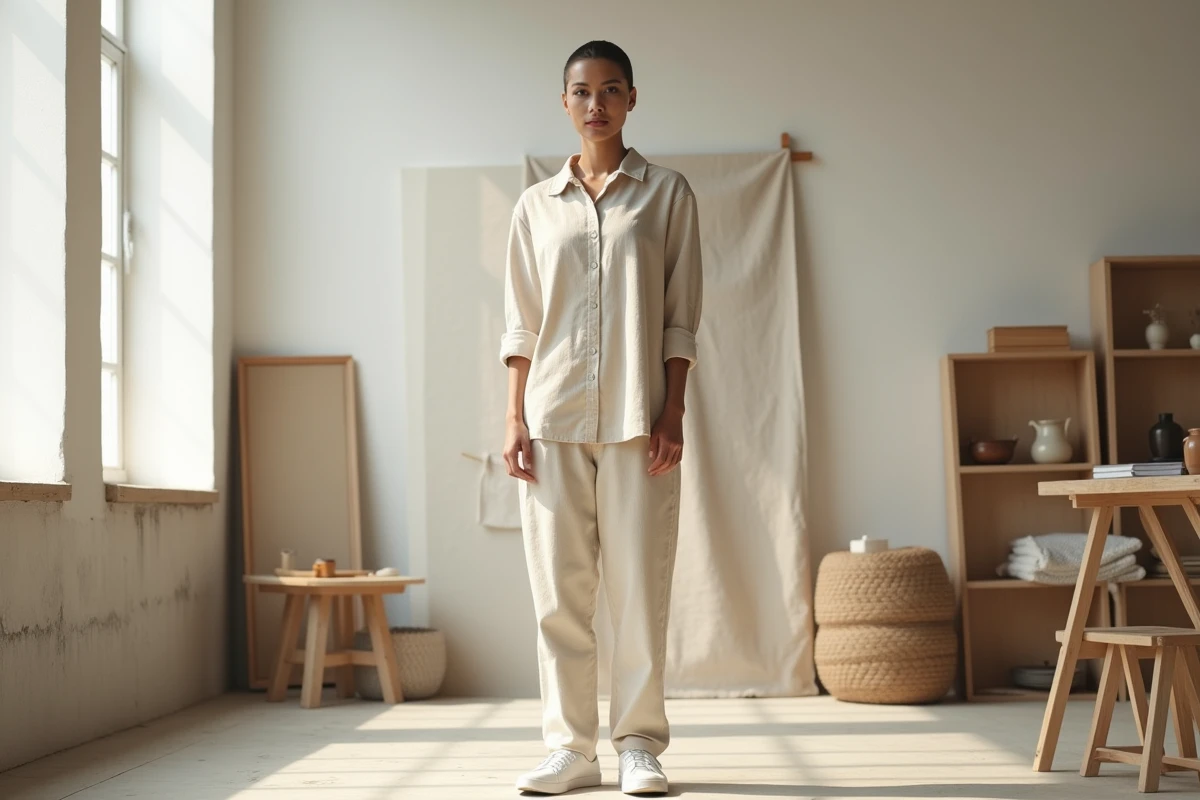 Personne en chemise lin oversize et pantalon droit écru pour un style minimaliste, épuré et moderne