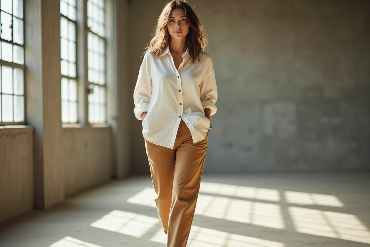 femme en tenue casual chic avec chemise lin crème et pantalon camel, style intemporel et tendance