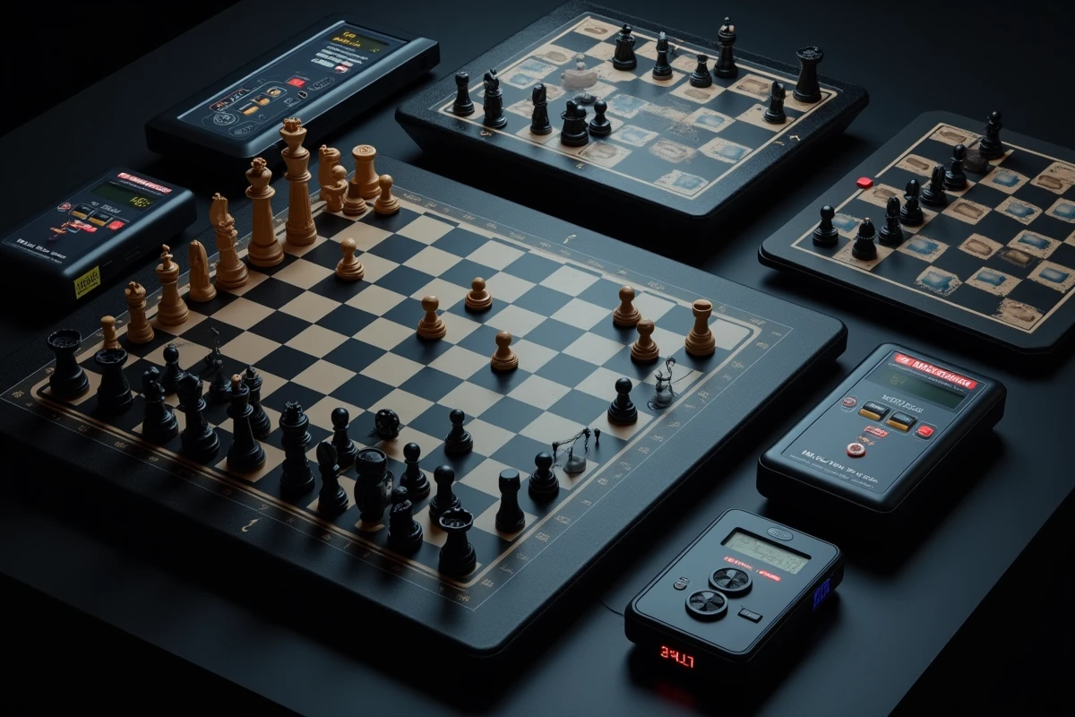 Collection de jeux d'échecs électroniques et accessoires pour l'entraînement solo disposés à plat