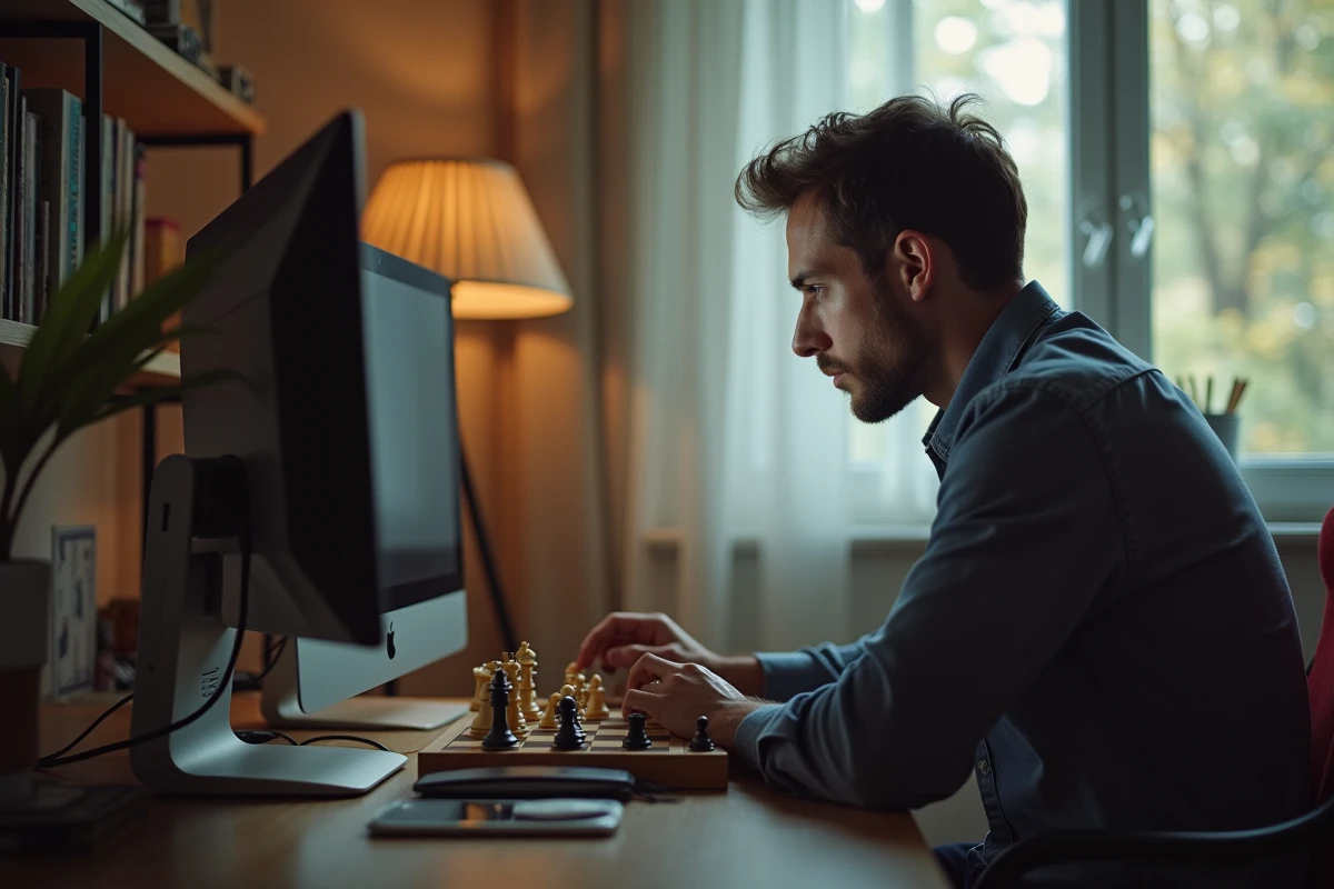 Joueur d'échecs en train de jouer sur un ordinateur d'échecs électronique pour s'améliorer