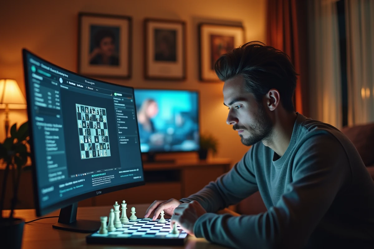 Joueur d'échecs sérieux utilisant un appareil d'apprentissage électronique interactif dans un environnement de jeu à domicile moderne