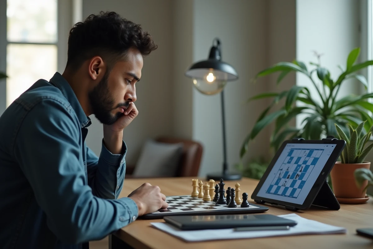 Joueur d'échecs en train de résoudre des énigmes sur un appareil d'entraînement électronique interactif