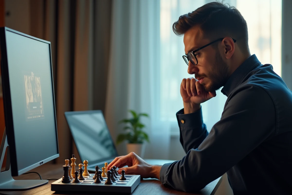 Joueur d'échecs passionné utilisant un ordinateur d'échecs électronique pour s'entraîner