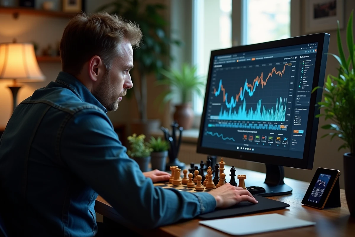 Joueur passionné face à un ordinateur d'échecs électronique pour l'entraînement en solo
