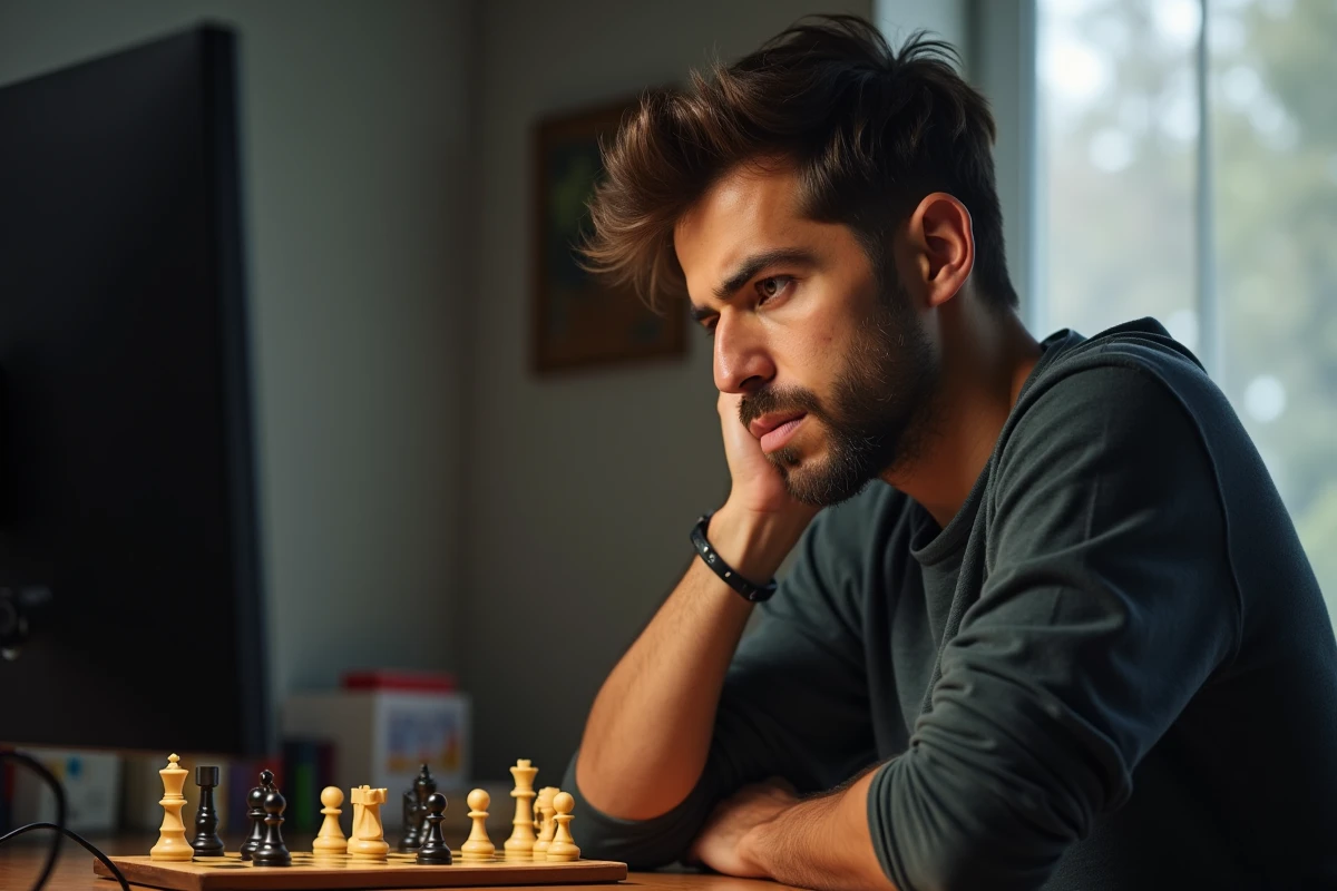 Joueur d'échecs en concentration face à un ordinateur d'échecs électronique pour améliorer son jeu