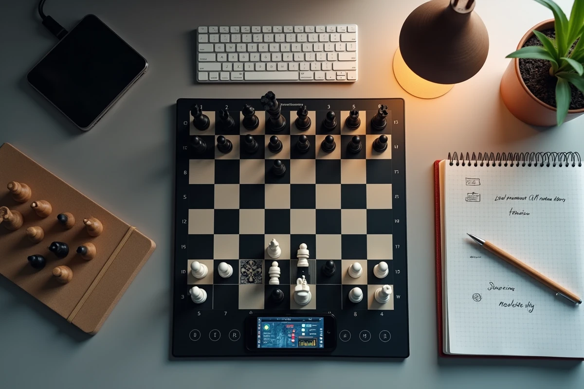 Configuration d'entraînement aux échecs avec plateau électronique, téléphone et accessoires d'apprentissage
