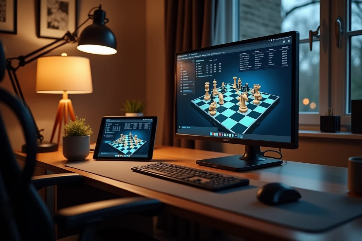 Espace d'entraînement aux échecs avec ordinateur électronique et tablette pour l'analyse et l'amélioration