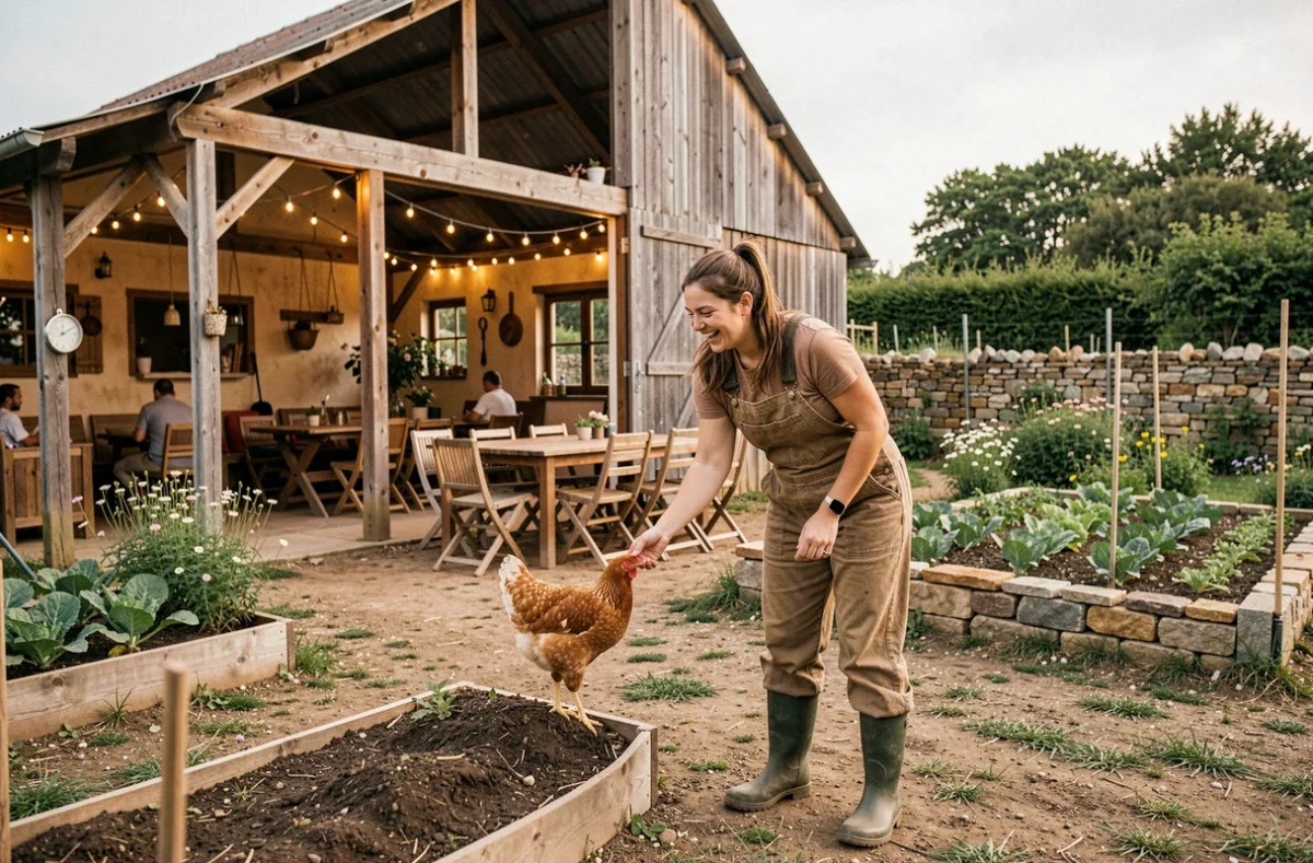 Femme nourrissant une poule dans la ferme authentique du camping Chez Léopoule avec grange décorée en arrière-plan