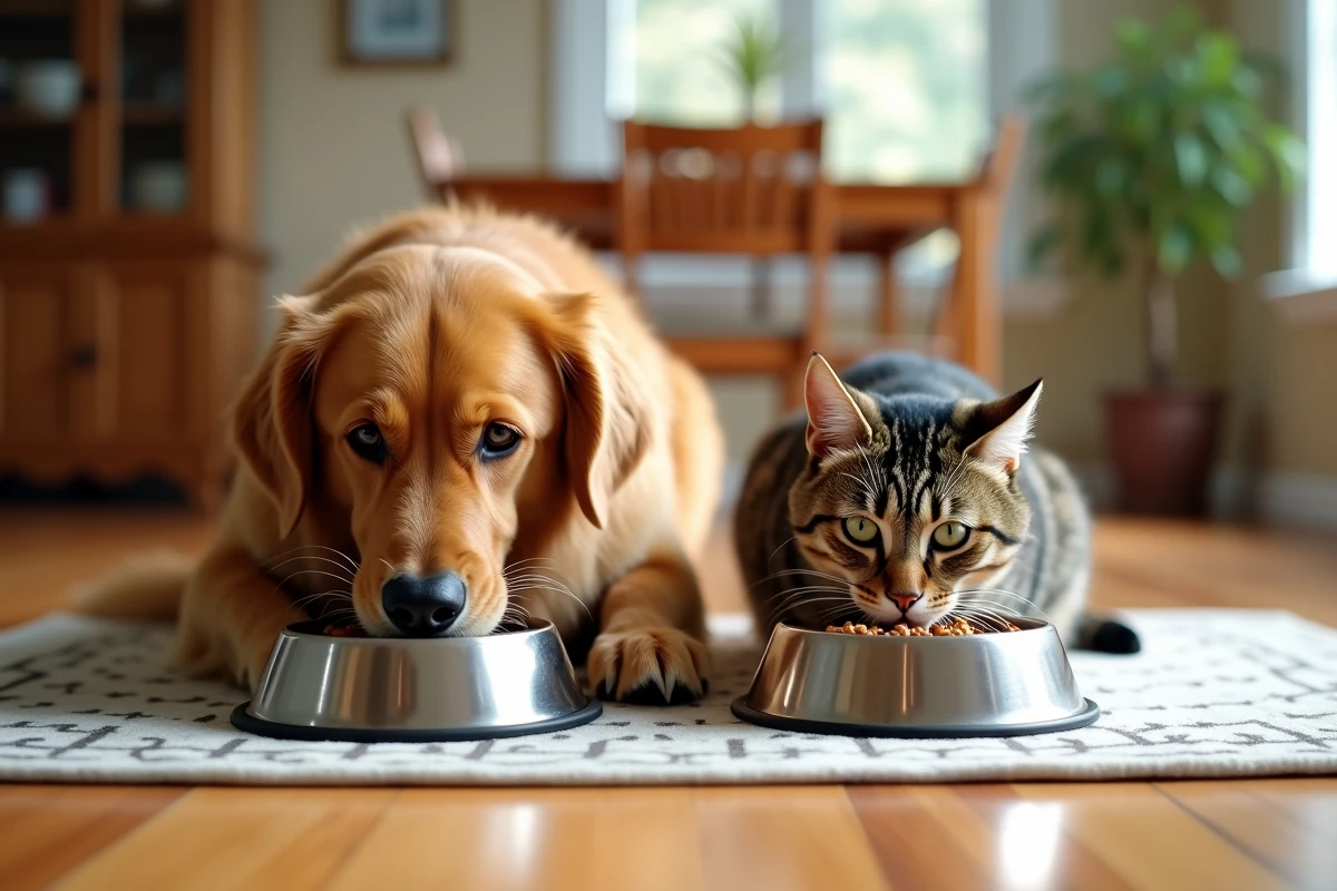 chien et chat mangeant ensemble une nourriture équilibrée et nutritive préparée à moindre coût à la maison