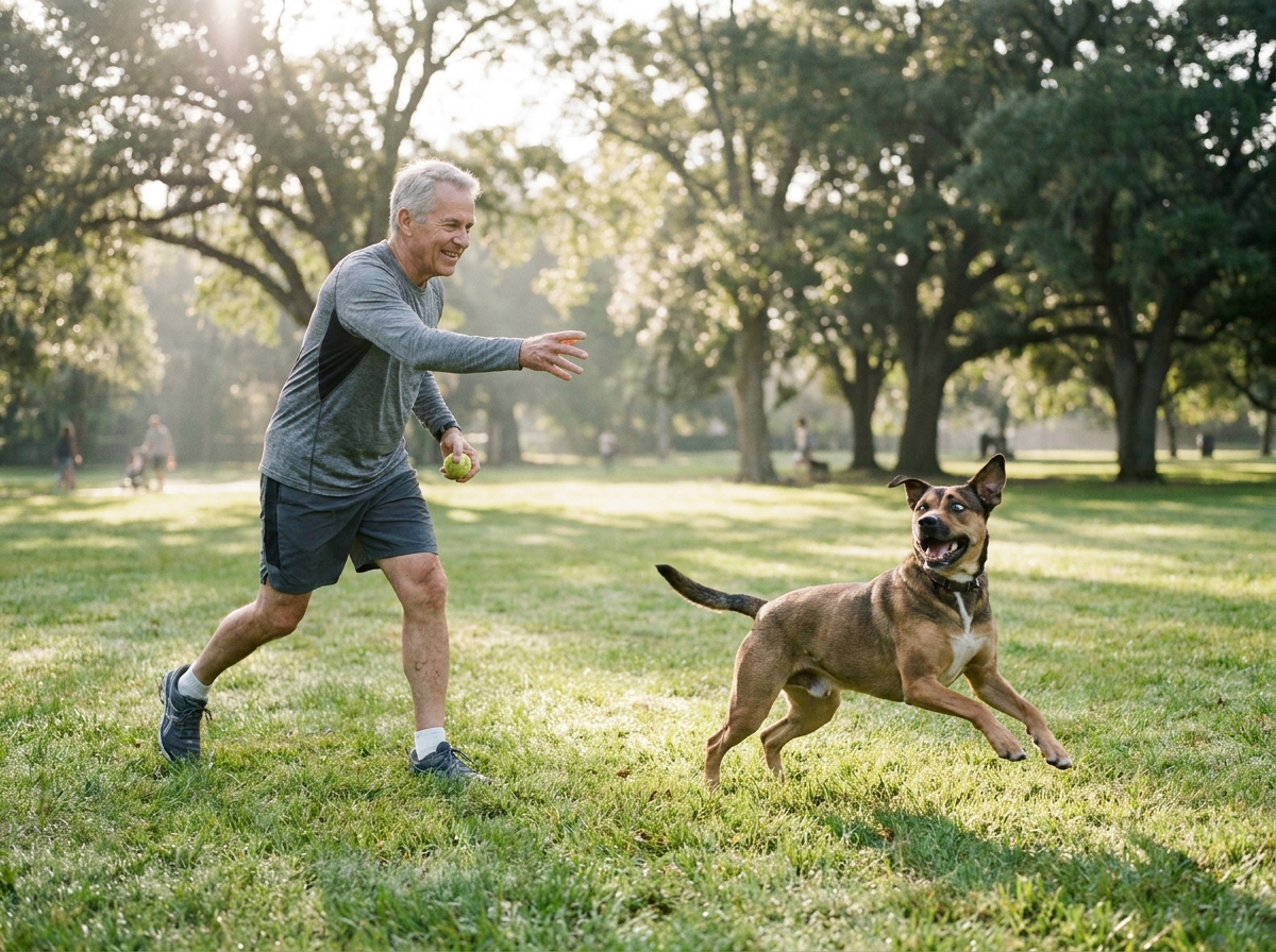 exercice physique quotidien pour chien stérilisé avec son propriétaire en parc