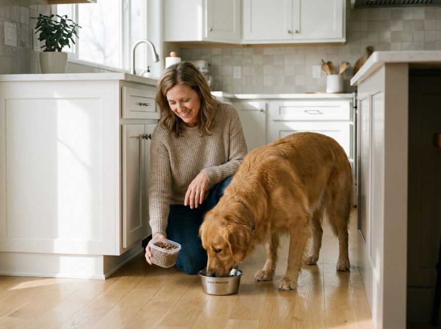 femme nourrissant son chien stérilisé avec une portion équilibrée dans une cuisine moderne