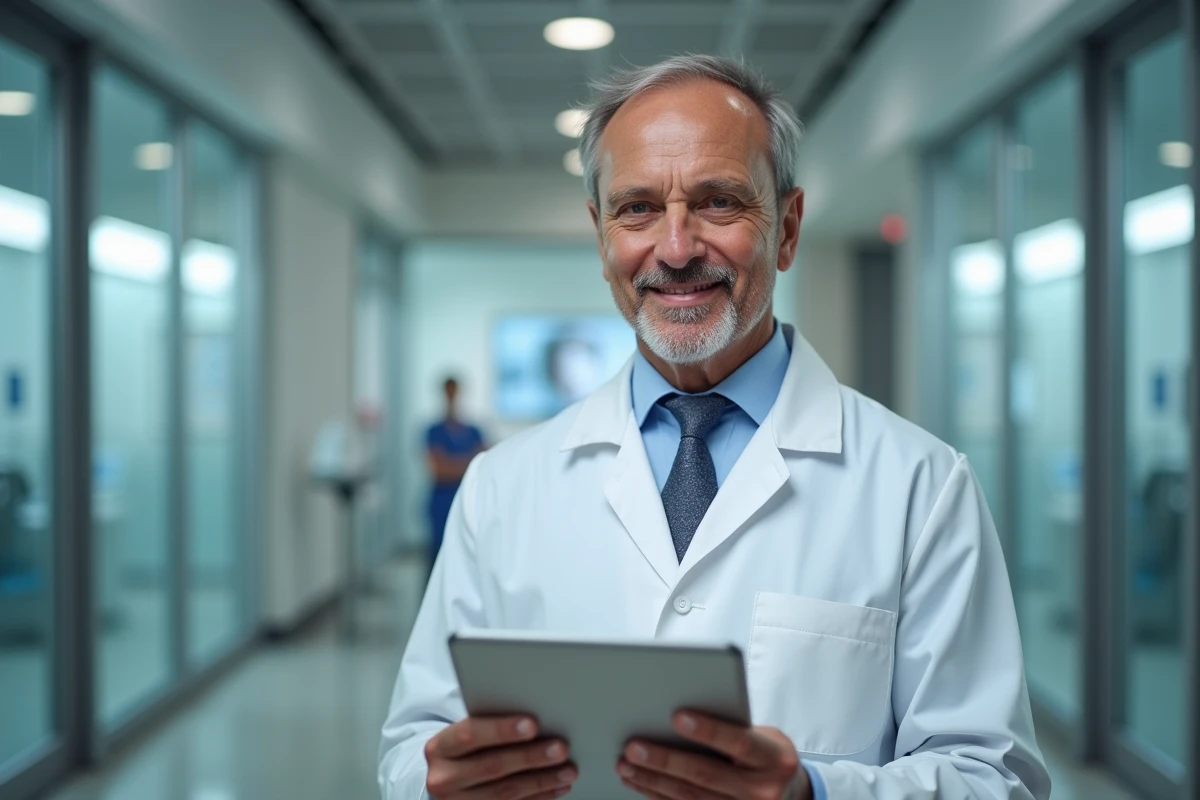 Chirurgien esthétique consultant des images avant-après sur tablette dans une clinique moderne