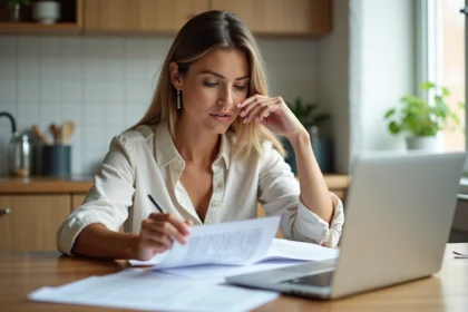 Femme consultant des documents d'assurance santé sur une table de cuisine moderne