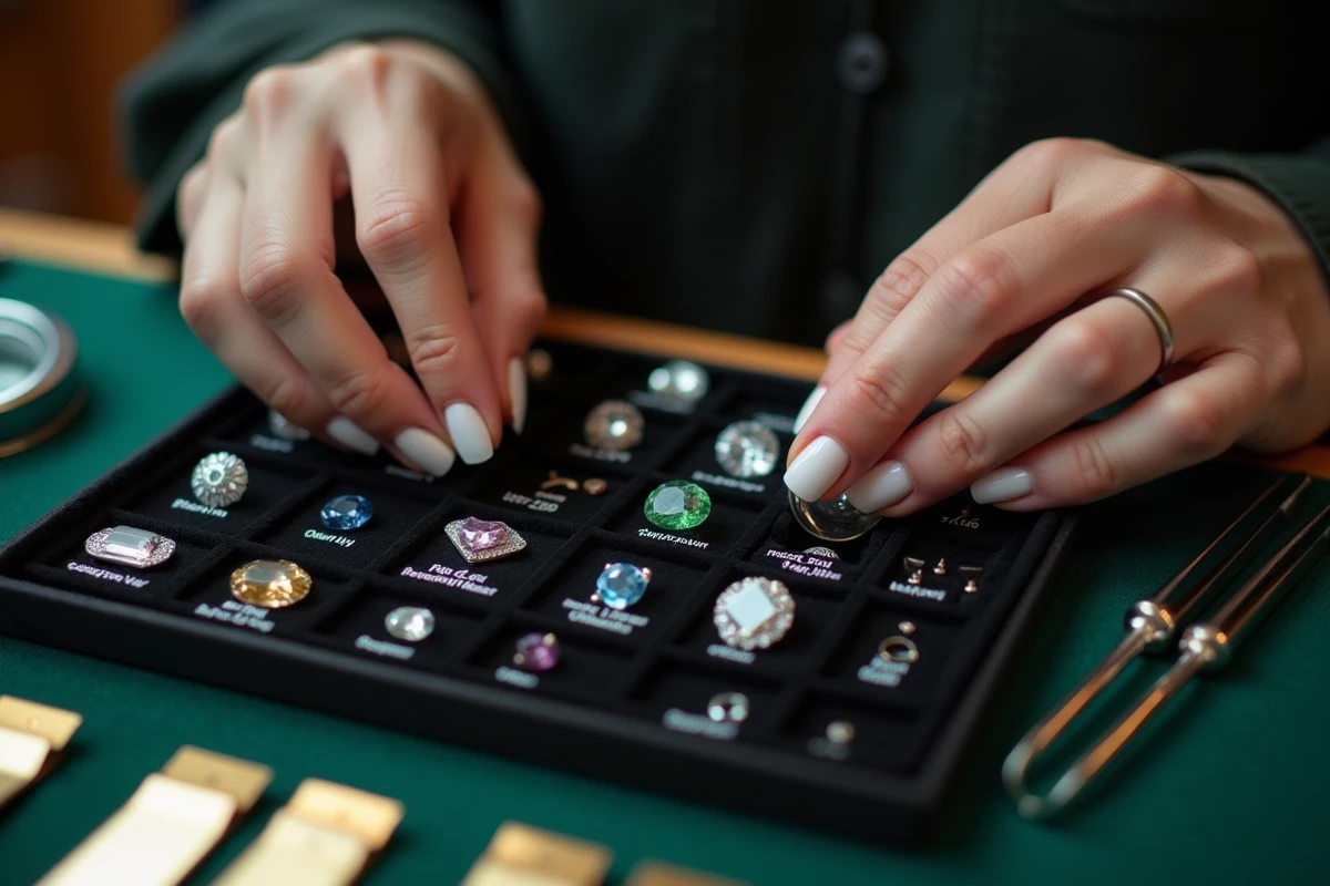 Sélection de pierres précieuses et d'échantillons de métaux sur un plateau en velours noir pour une bague sur mesure