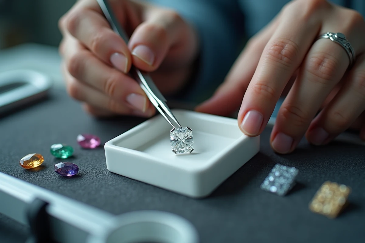 Gros plan sur la sélection d'un diamant brillant et de métaux précieux pour la création d'une bague de fiançailles personnalisée