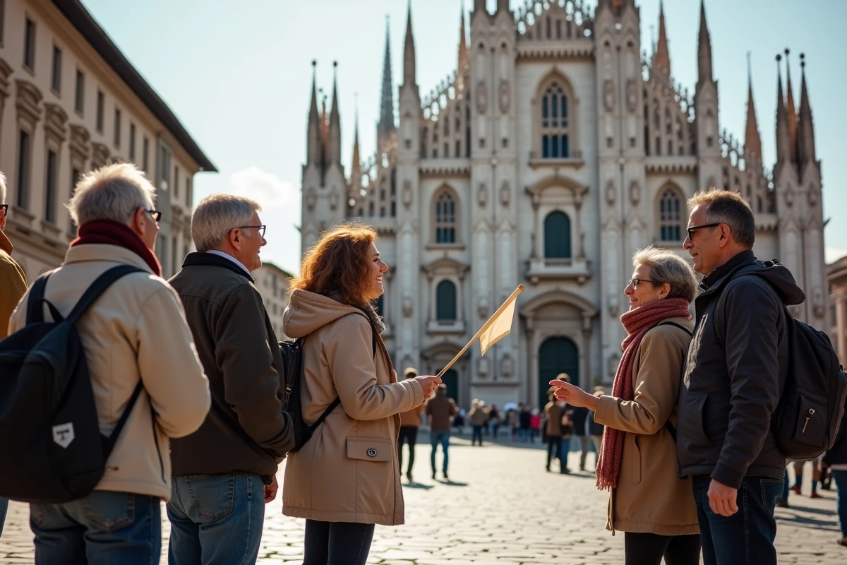Groupe de touristes en circuit accompagné écoutant un guide devant une cathédrale européenne sur une place pavée