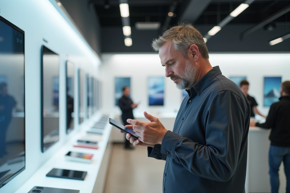 Client découvrant les caractéristiques d'un nouveau smartphone en magasin d'électronique