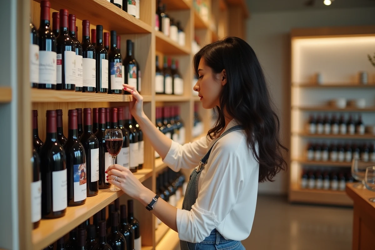 Cliente en boutique de vin choisissant des bouteilles marocaines de qualité sur étagère moderne bien présentée