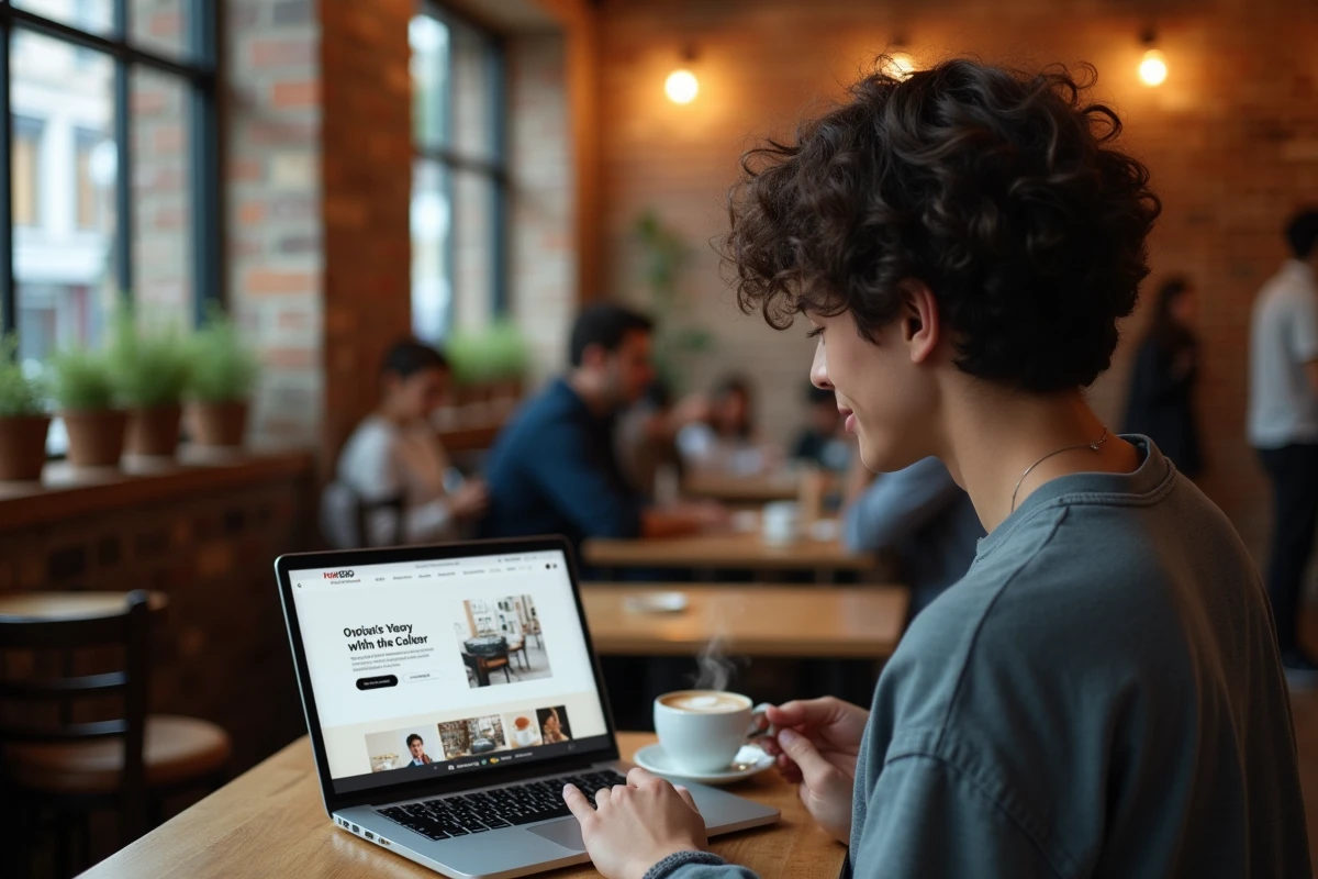 Jeune client utilisant un chatbot intégré sur site e-commerce dans un environnement café urbain décontracté