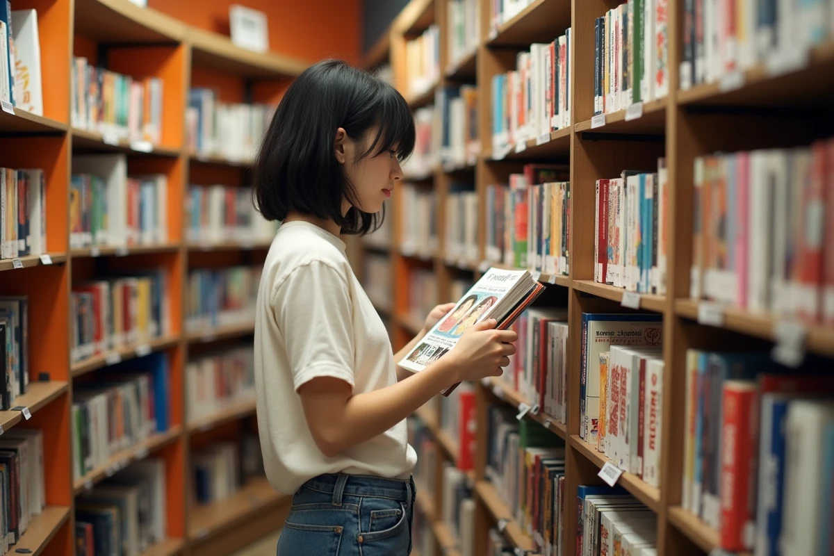 Client consultant un manga boys love dans une librairie spécialisée mangas français